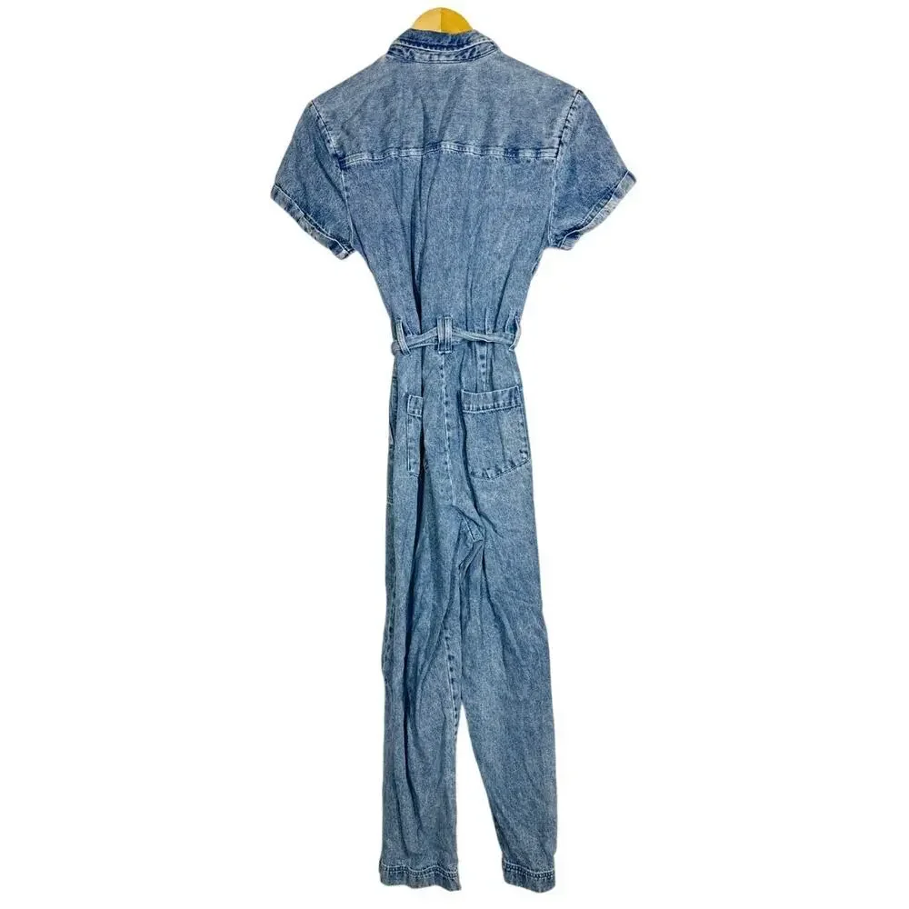 Splendid Erika Denim Jumpsuit Short Sleeve Zip Front Tie Waist Tapered Blue M